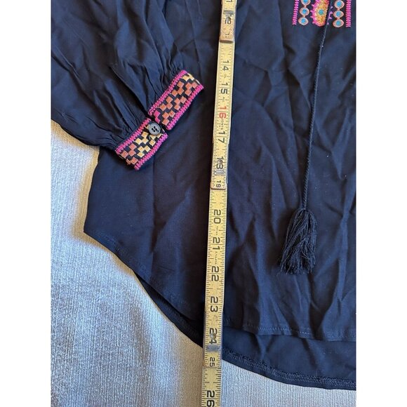 Solitaire Folklore Embroidered Peasant Blouse Small Black Tunic Top Boho Trendy - Picture 5 of 7